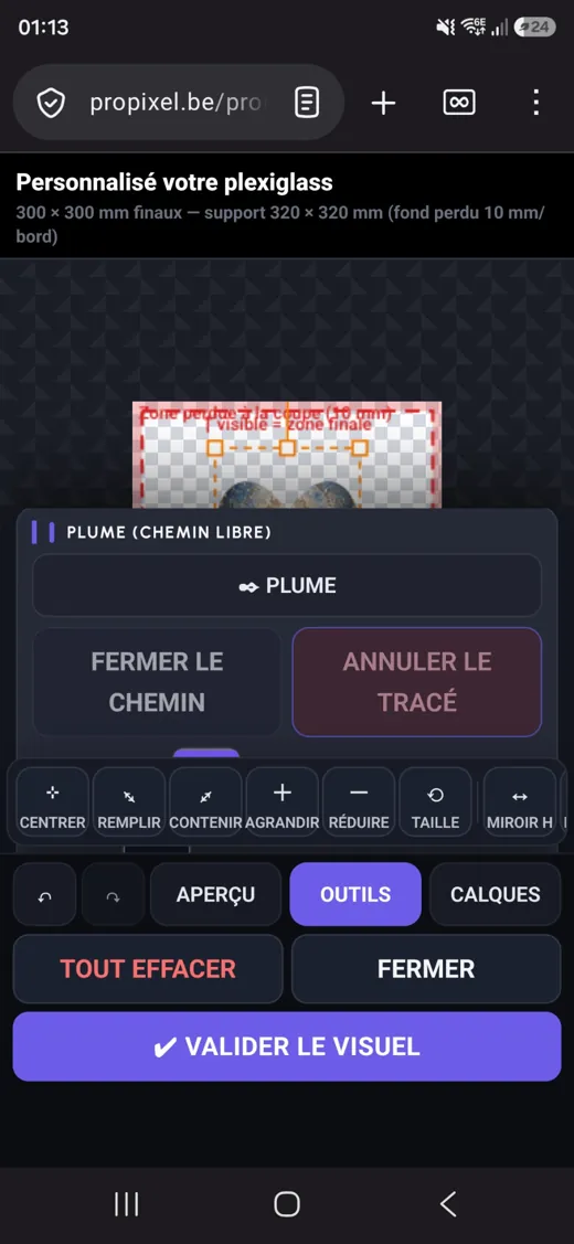 La plume sur smartphone : fermer le chemin ou annuler le tracé.