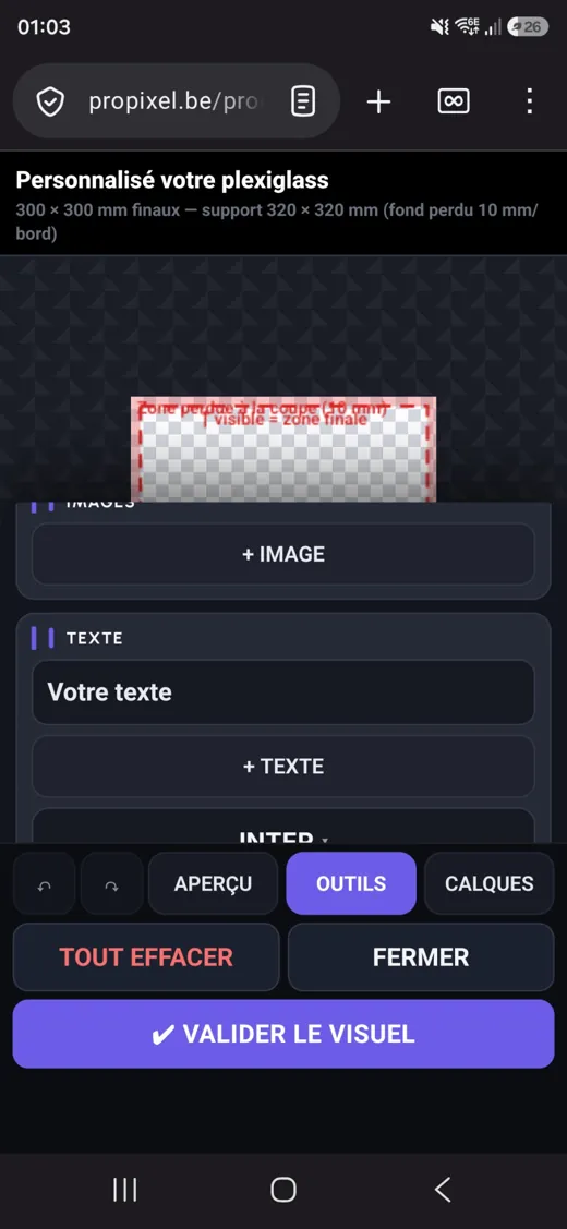 Sur smartphone, les onglets APERÇU, OUTILS et CALQUES remplacent les colonnes.