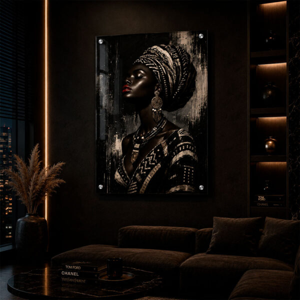 Tableau-Vertical-Plexiglas-–-Femme-Africaine-Noir-&-Blanc