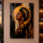 Tableau Vertical Plexiglas – Portrait Africain Élégance Dorée-gros plan1