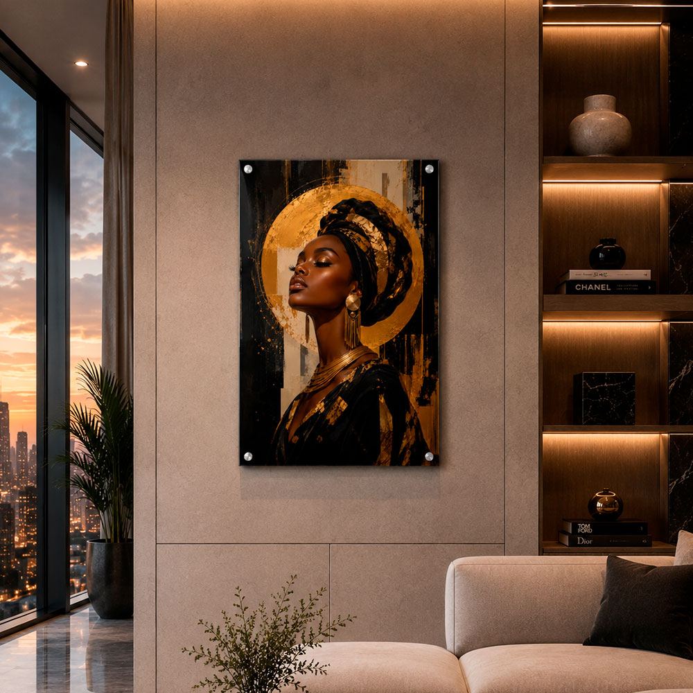 Verticaal plexiglas paneel – Afrikaans portret, gouden elegantie